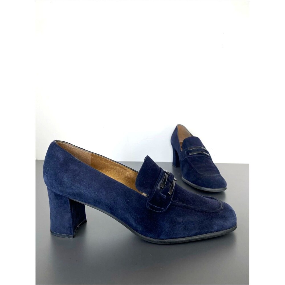 Stuart Weitzman Navy Suede Block Heel Loafers UK7 /US 9.5 Academia Preppy Office